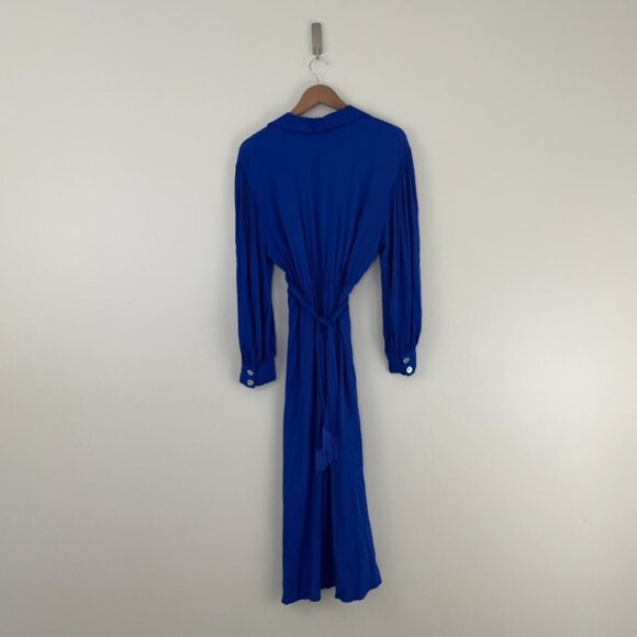Farm Rio Cobalt Blue Knotted Waist Long Sleeve Midi Dress Size Medium - Picture 2 of 8